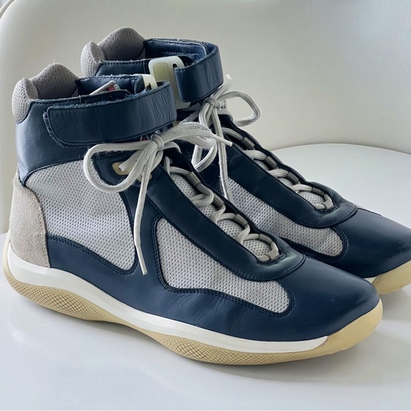 PRADA America’s Cup High-Top Sneakers Blue and Silver Men's Size 12 - Picture 2 of 16